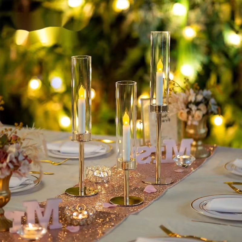 Centerpiece Stick - Candelabros dorados Hurricane con pantalla acrílica